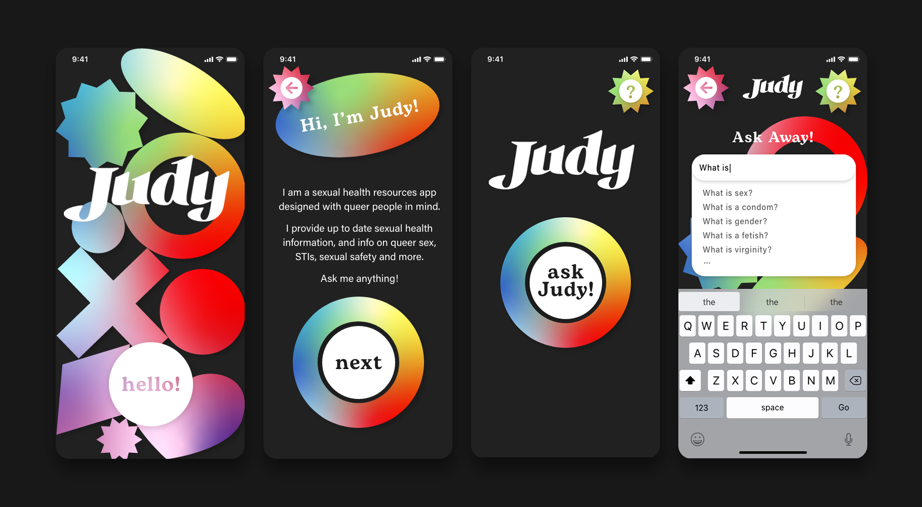 Screens from the mock app Judy
